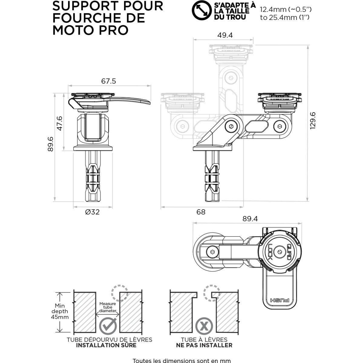 Support Téléphone Quad Lock Moto Fourche Pro