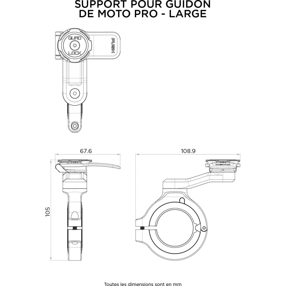 Support Téléphone Quad Lock Moto Guidon Large Pro Alu Noir